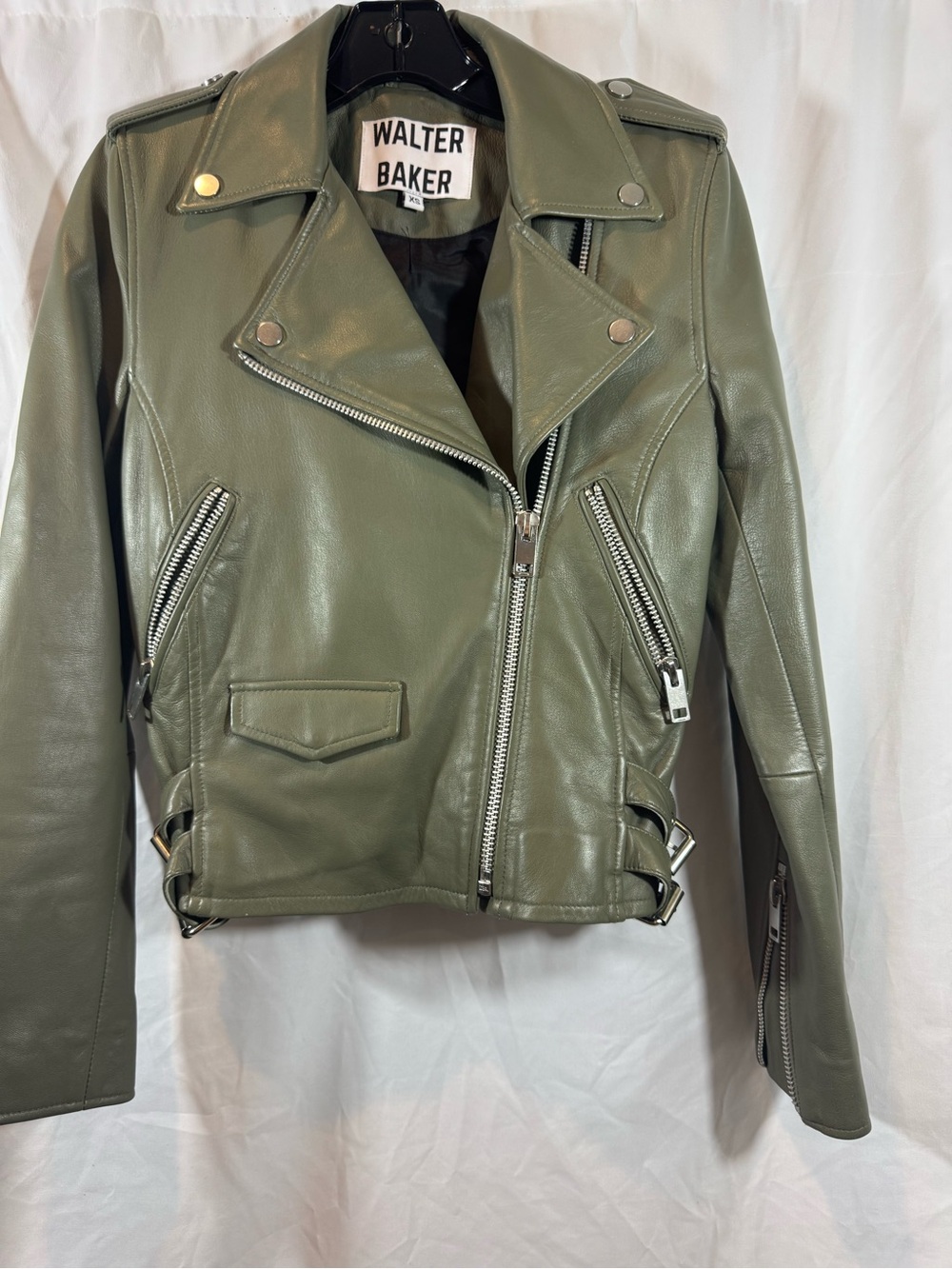 Walter Baker Olive Green Leather Moto Jacket XS - Picture 1 of 8